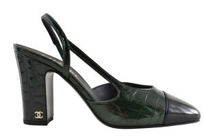 Chanel 26A Green Black Crocodile Croc Coco Sling Slingback Block Heel Pump 39.5c